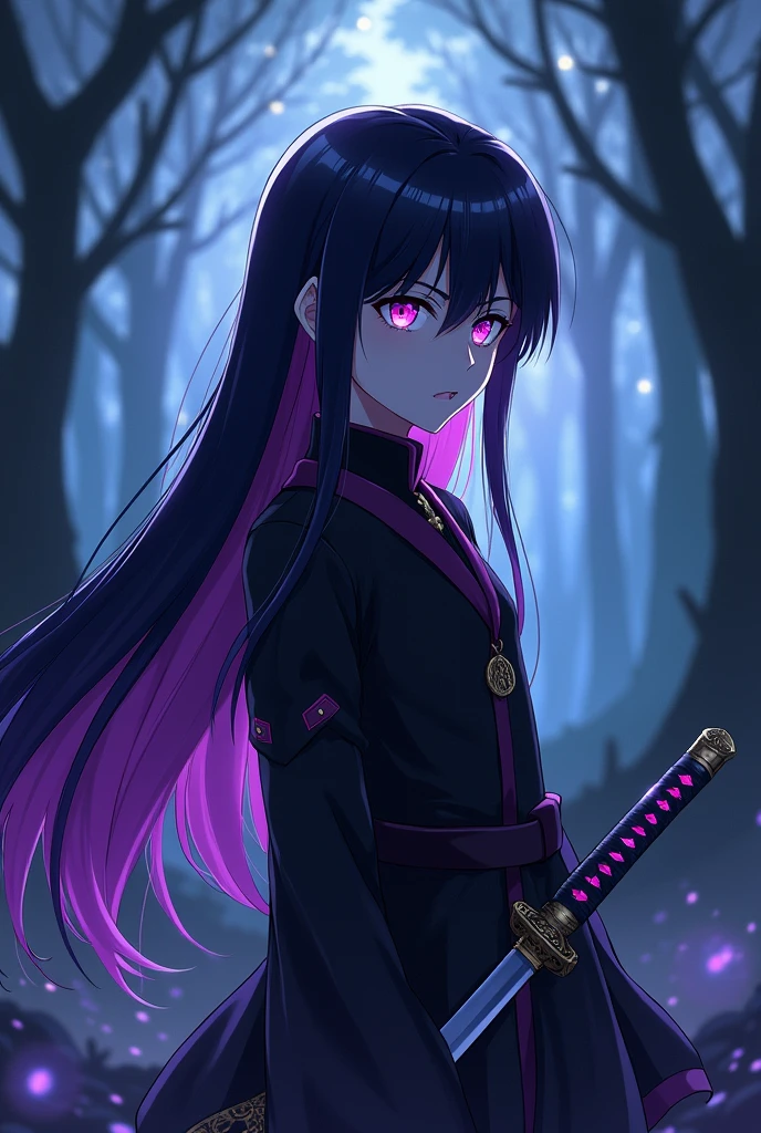 anime. pale skin boy, long black hair with purple highlights, purple eyes, serious look, black clothes with purple details, with a katana