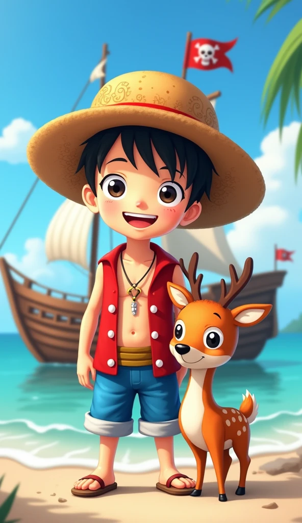 One Piece Style, Photograph of the real thing, perfect resolution, A boy wearing a pirate ship and straw hat, red sleeveless shirt and blue shorts, A cute pirate flag flies on a pirate ship.. A deer stands next to him, looking cute like a human child.