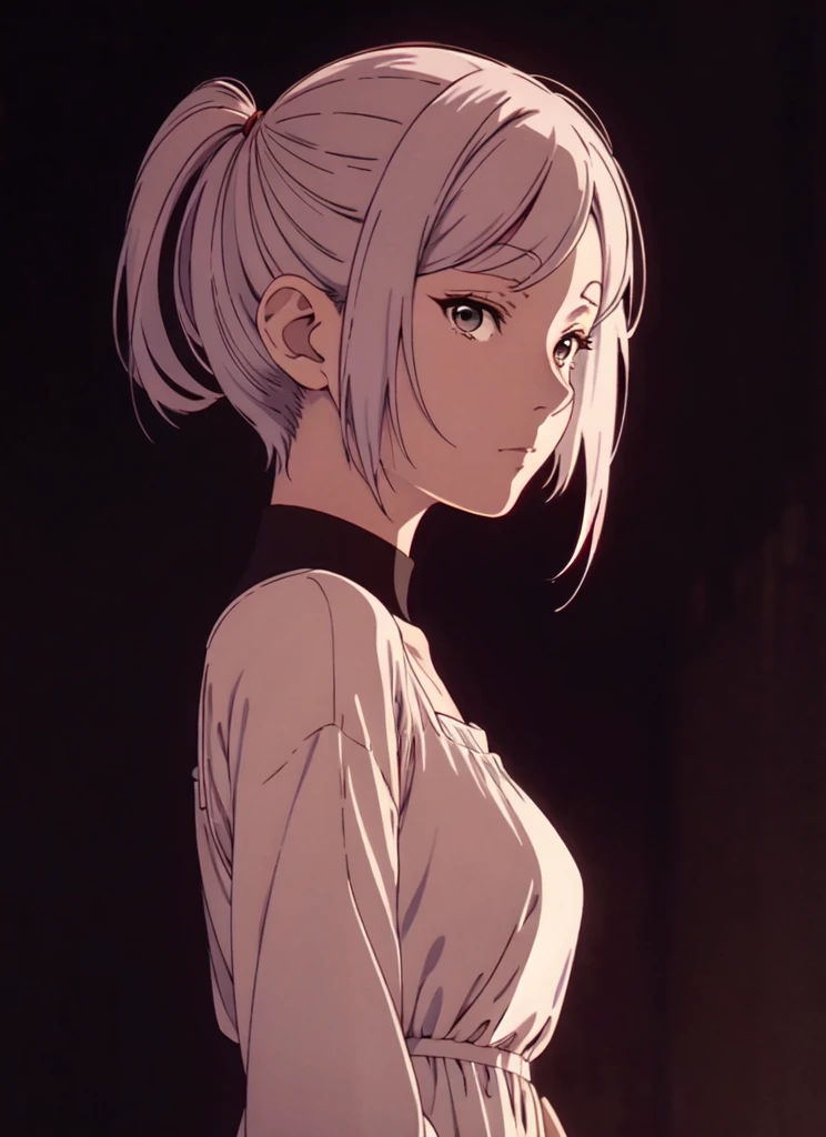 anime girl with white hair and a white dress standing in front of a dark background, artwork in the style of guweiz, profile of anime girl, portrait anime girl, beautiful anime portrait, looking to the viewer, closed mouth, black short hair, bangs, 