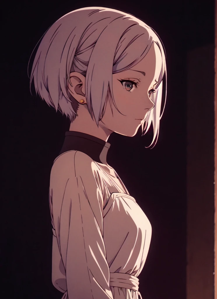 anime girl with white hair and a white dress standing in front of a dark background, artwork in the style of guweiz, profile of anime girl, portrait anime girl, beautiful anime portrait, looking to the viewer, closed mouth, black short hair, bangs, 