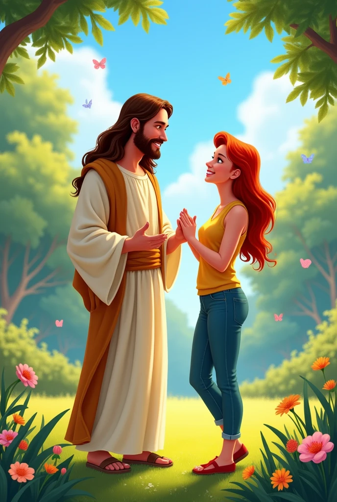 Make a picture of Jesus with your red-haired adult daughter, with ordinary clothes, disney drawing style
