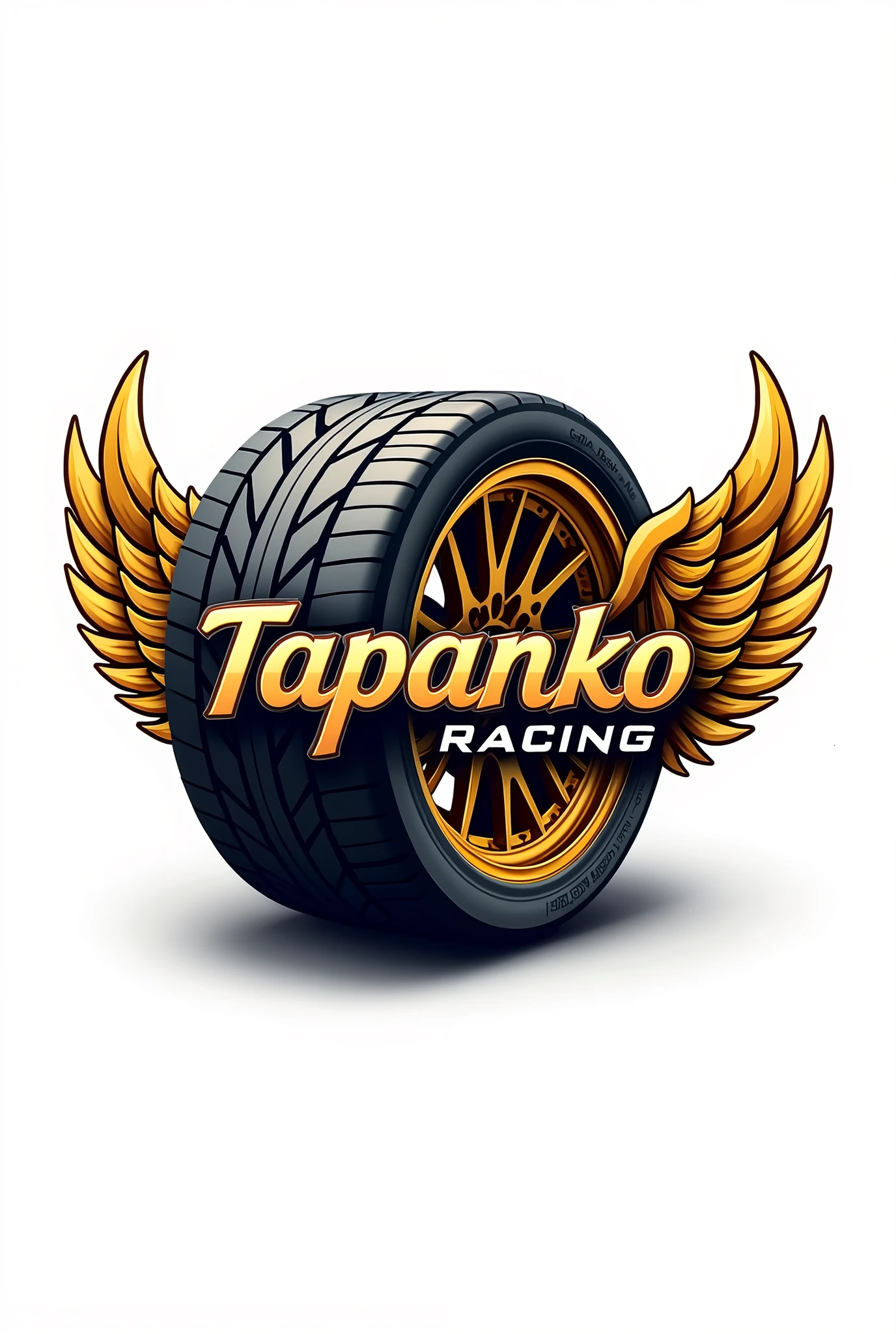 I want a logo for a racing team, that the logo contains a tire in isometric angle, that has a sports car rim and large wings on the edge of the tire and that in the width of the tire or where the tire mark would appear, the name is "Tapanko Racing" with the colors black, gold and white