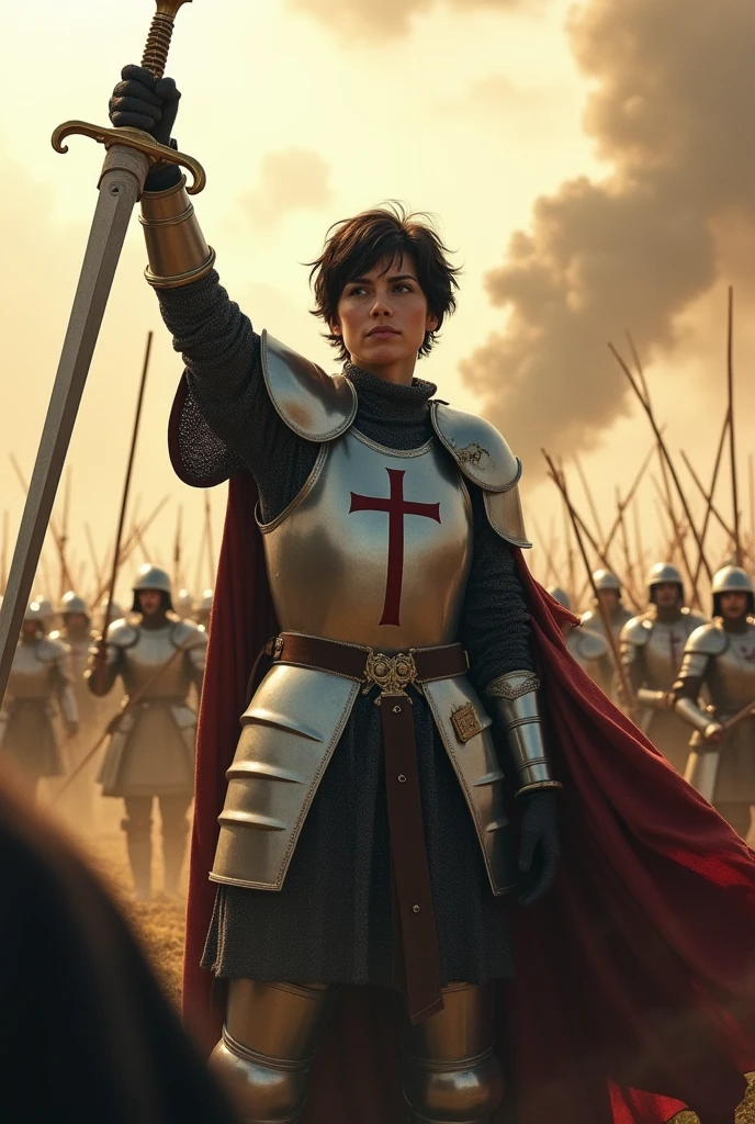 Joan of Arc with short black hair winning the battle and a crucifix on her chest