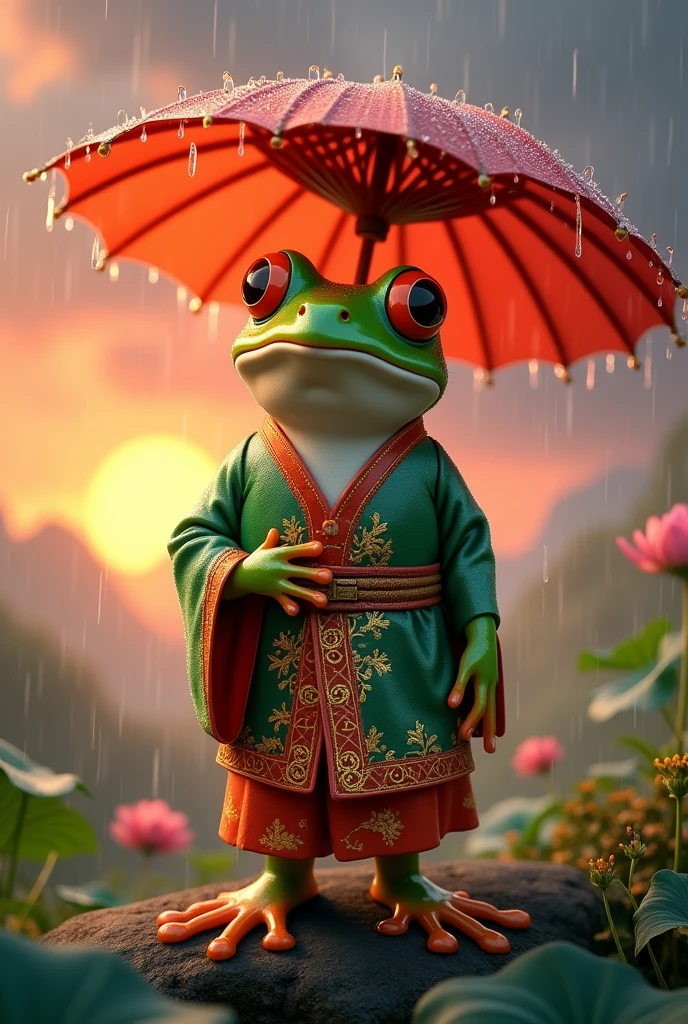 A fat green tree frog，Wearing gorgeous Chinese clothing，Ultra-realistic，high resolution，Standing with a lotus leaf umbrella，It is raining in the background，The background is the hilltop at sunset，
