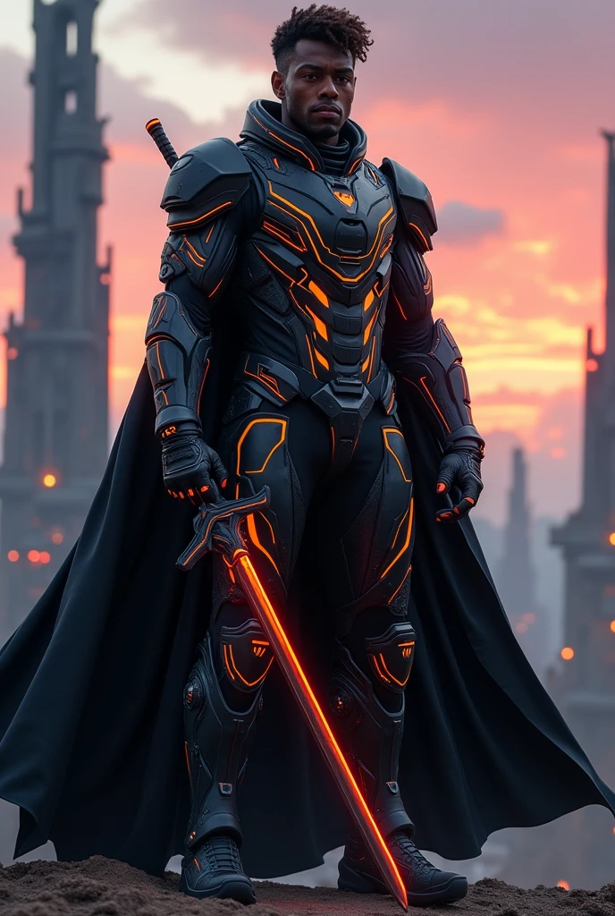 one  men, age 28, dark-skinned, short wavy brown hair, with a futuristic aesthetic. The character must wear a black and dark gray armored suit, with bright orange lines running through the suit, giving it a high-tech look. The costume includes a detailed chest plate, armored gauntlets and reinforced boots. A long black cape flows behind the character, carrying a futuristic weapon, like a shining staff or sword, stuck to the coast