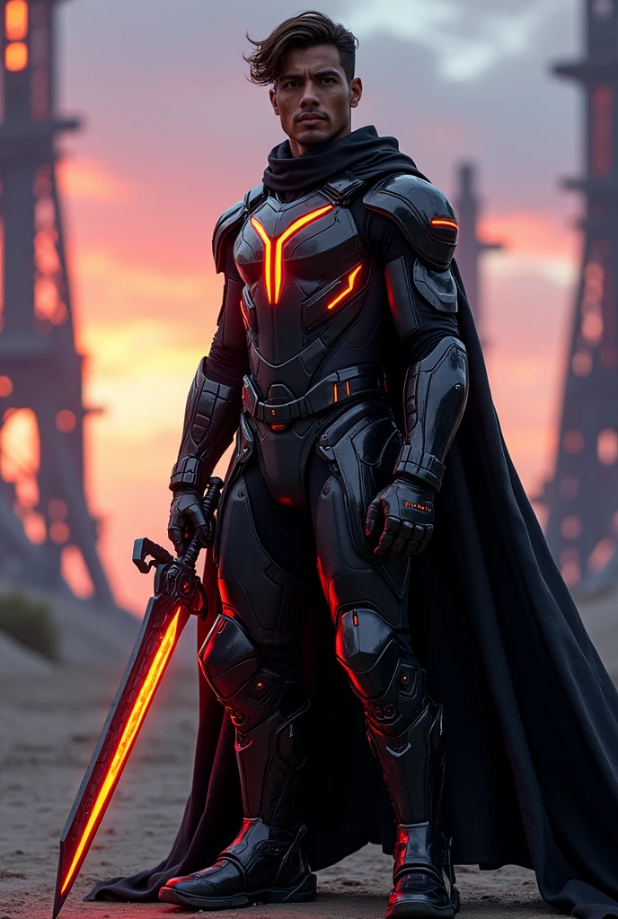 one men, age 28, dark-skinned, short wavy brown hair, with a futuristic aesthetic. The character must wear a black and dark gray armored suit, with bright orange lines running through the suit, giving it a high-tech look. The costume includes a detailed chest plate, armored gauntlets and reinforced boots. A long black cape flows behind the character, carrying a futuristic weapon, like a shining staff or sword, stuck to the coast