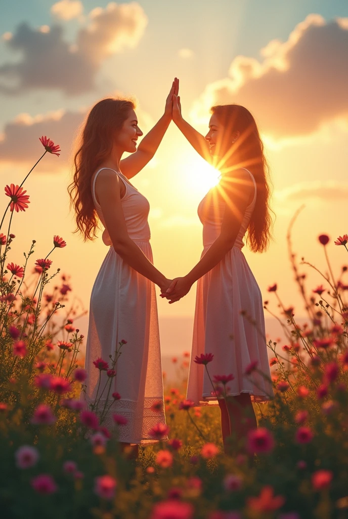 Colorful shadows of lesbian women holding hands