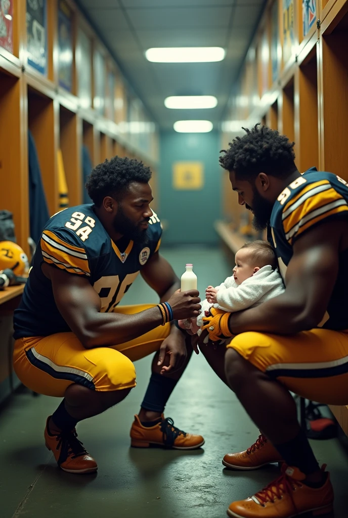 Strong black American football player number 94 in locker room giving bottle of milk to white baby