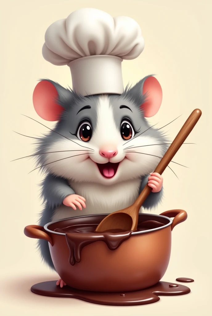 Create a 2D logo of a Hamster with very messy white and gray fur wearing a chef&#39;s hat stirring a pot of chocolate with a wooden spoon 