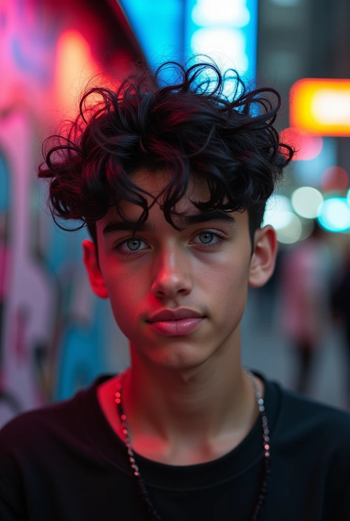 Make a picture of a black-haired boy, with short curly hair, of 17, white, with a fuckboy face