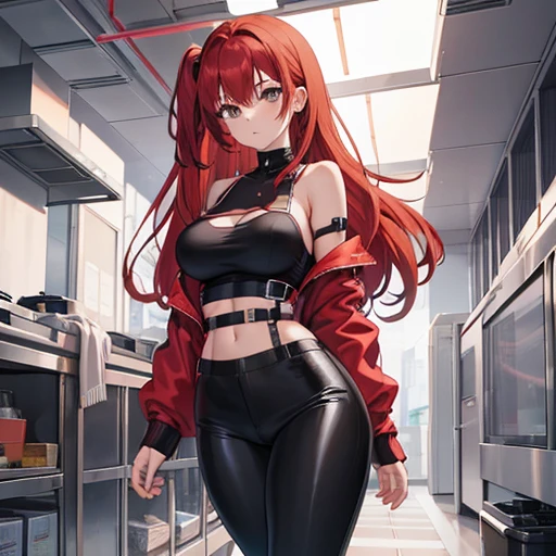 anime girl, red hair, stylish, fashion, full body shot, scenery, tight clothes, large breasts, white crip top, black bra underneath, black pants, pantie straps showing. Shes in a cozy home