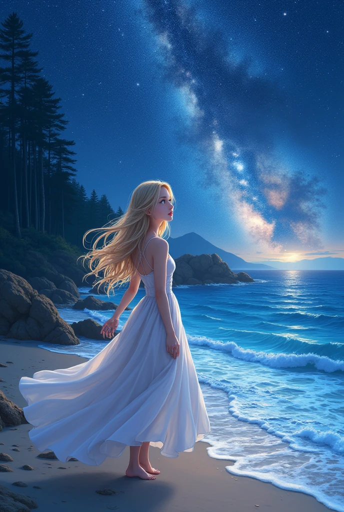 (masterpiece、Highest quality、8k、High resolution)、(The best beautiful girl)、Best Style、(The most beautiful face)、Clear skin、Clean blue eyes、Beautiful lips、Beautiful nose、Blonde Hair、Ample breasts、Walking on the sand、look back、Ocean、You can see the forest、A bright night with stars visible、Beautiful starry sky、milky way、(体whole bodyから神秘的な光の粒子、Colorful Light)、The face looks beautiful、(jewelry、necklace)、dress、(whole body)、Highly detailed anime art、A complete portrayal、