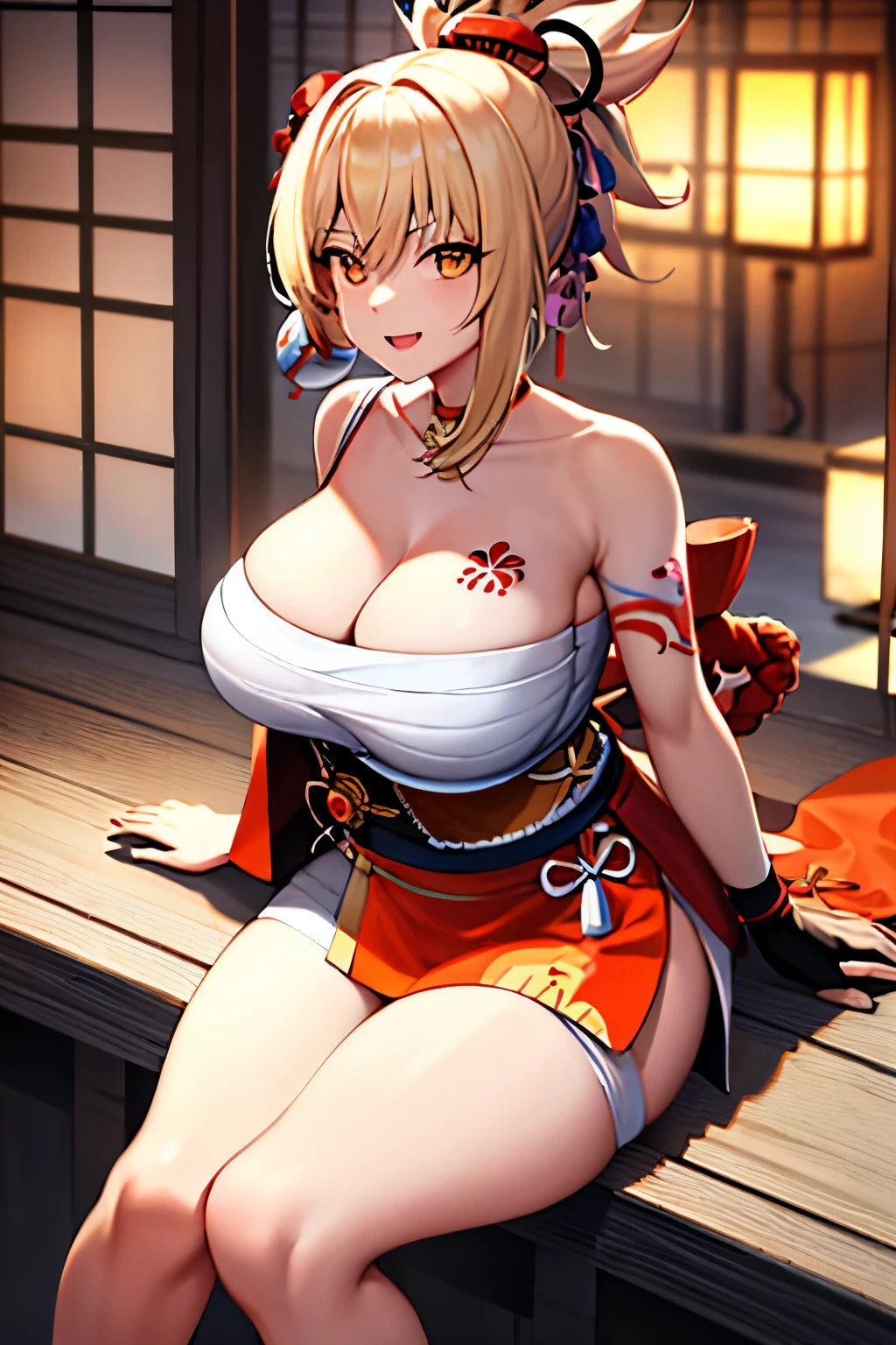 Masterpiece, masterful, high resolution, 1 female, Blonde hair, Medium hair, Asymmetrical hair, Floating hair, Blindfold, High ponytail, side locks, hair adornments, fish hair ornament, nipple tassels, Hairpin, bangs, orange eyes, Open mouth, Smile, teeth , Upper teeth only, choker necklace, red necklace, pendant choker, butterfly choker, clavicle, tattoo, chest tattoo, flower tattoo, cleavage, Huge chest, Thighs, bandages, bandaged leg, industry, Budget sarashi, Sarashi of the chest, black sash, Hadanugidosa, Hokisei, Japanese clothes, common, Wallet, obi, obiage, obijime, orange kimono, Wallet, patterned kimono, Cord, obi, shimenawa, Short kimono, bare shoulders, Genshin, east asian architecture, sakura, Single glove, Single fingerless gloves, arms cuffs, Sitting, Crossed legs,busty body,thick leg