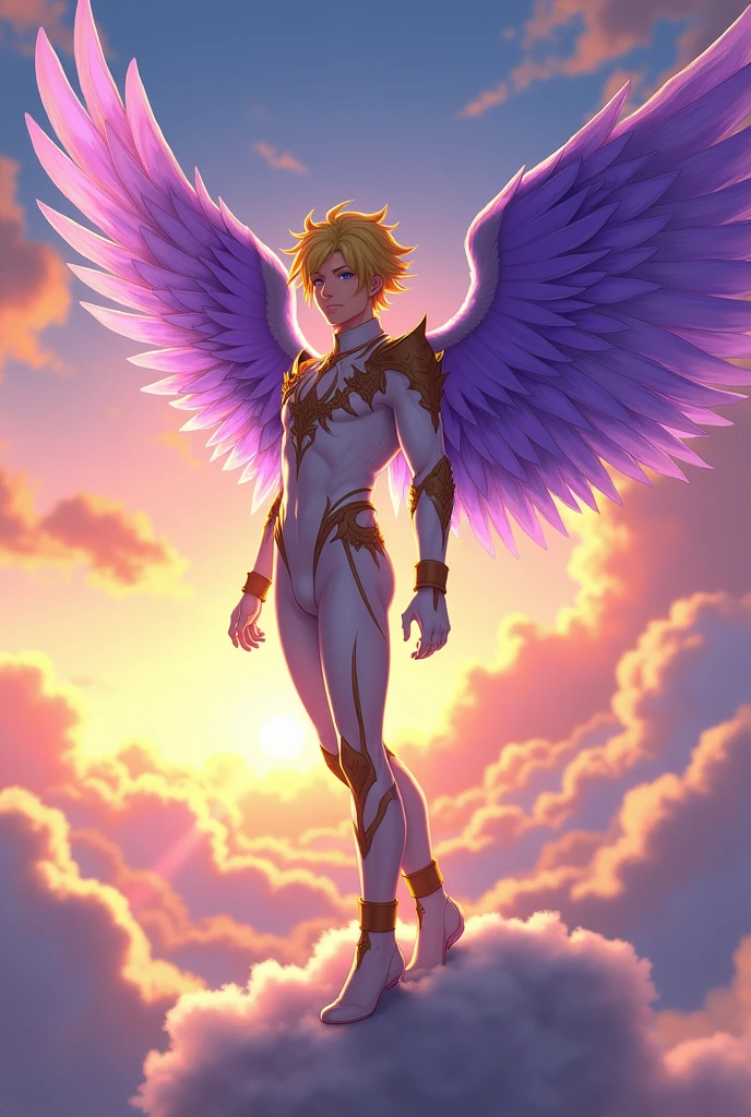 Male character from boku no hero with purple wings, yellow hair with brown, and angel suit