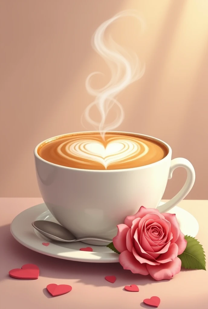  a cup of coffee with a heart on top and a rose in 2d cream colors