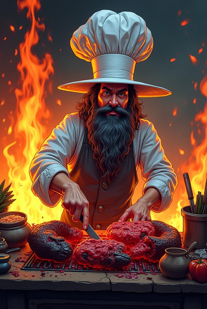 Comic of a wizard with a chef's hat looking straight ahead and preparing black dragon meats on charcoal and covered in blood with a half-smile surrounded by an atmosphere of a kitchen full of fire and a lot of heat