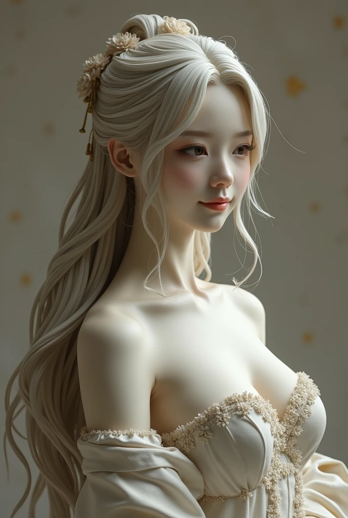 （8K、highest quality、highest quality、masterpiece、ultra high resolution、beautiful woman with perfect figure、emphasize cleavage、carefully crafted face、beautiful fingers、beautiful hands、skin texture），whole body、idol sculpture、((long hair))、alone、beautiful double eyelids、smile, japanese,