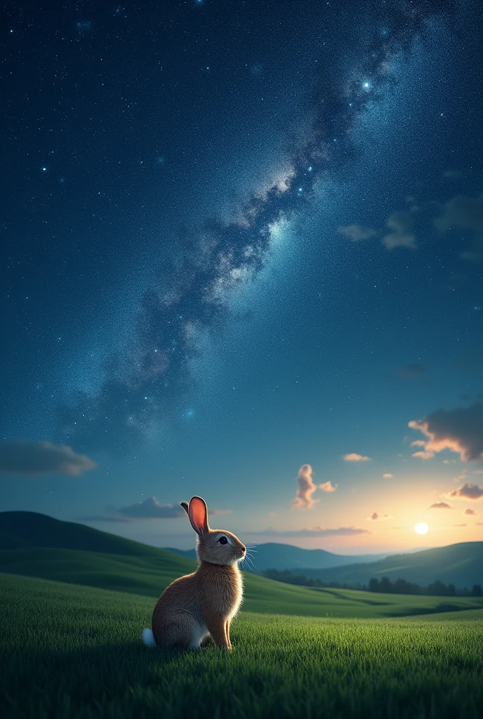 a beautiful detailed starry night sky, a rabbit gazing up at the stars, a vast grass field on a peaceful rural farm, rolling hills in the distance, warm soft lighting, intricate celestial details, a sense of wonder and tranquility, photorealistic, 8k, high quality, masterpiece, concept art, cinematic lighting