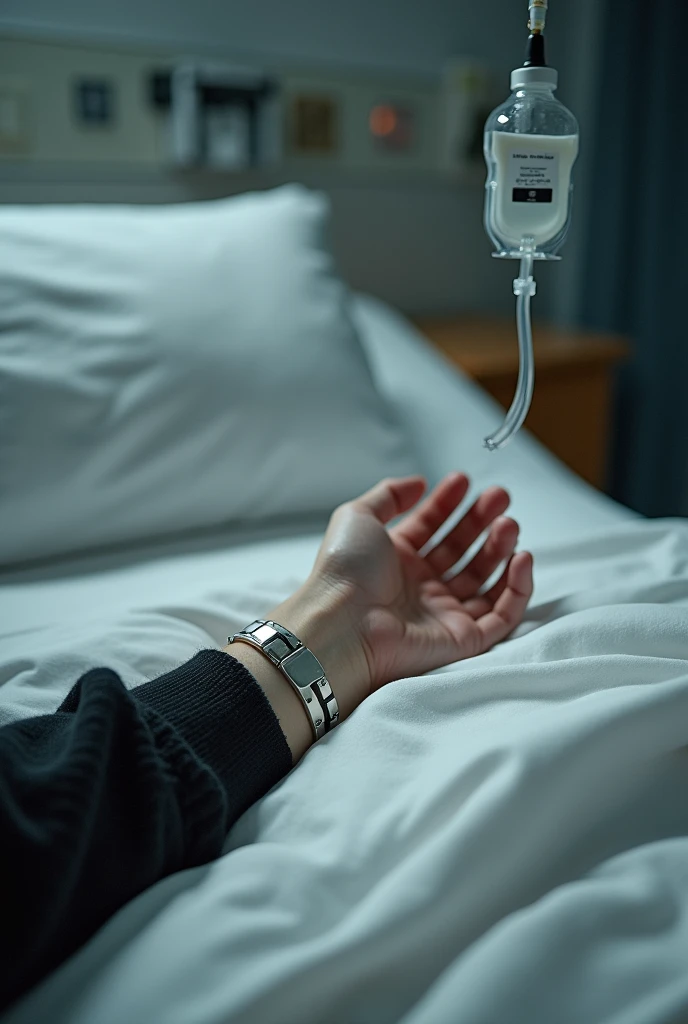 Hand of hospitalized person with a catheter with serum and black sweater sleeve. With hospital background and hospital bed