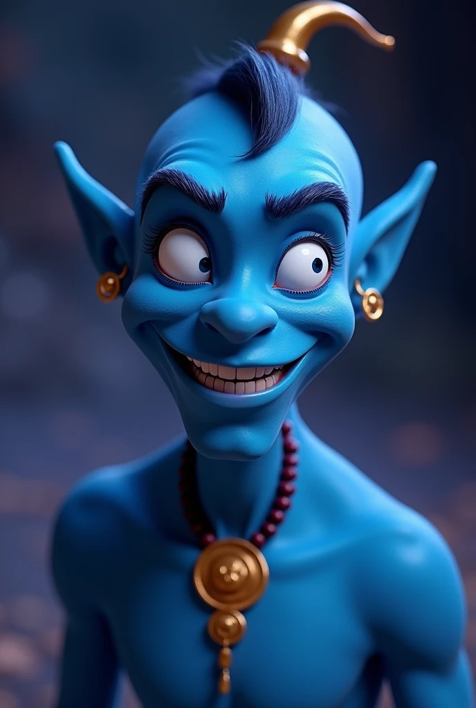 Close-up of Genie the Lamp Fairy from the Disney film Aladdin. Jeanie the Lamp Fairy faces many adventures as Aladdin's master. Genie's expression is curious, super energetic and good at telling jokes. She is a friendly lamp fairy who always makes everyone around her feel at ease. He begs for freedom to escape from the lamp where he belongs. Jeannie is a big, macho man with a blue body. He specialises in the ability to transform into anything. He inhabits a lamp and when he rubs it, smoke comes out of the lamp's mouth. His mouth is supposed to be wide open, reflecting the surreal world of the desert kingdom of Agrabah. The jolly lamp fairies Jeannie, Aladdin and the Wizard. The lighting is soft yet dramatic.