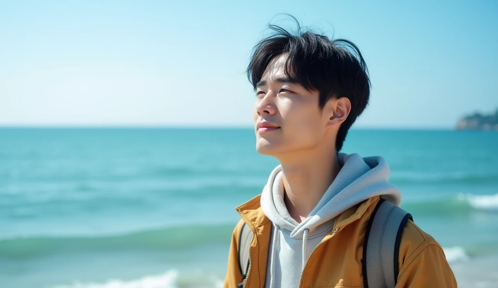 A Japanese male college student wearing stylish clothes looks into the distance with a bright expression.,Excited, Photo of your face, With a beautiful sea as a background, with a natural look, With a slightly tired look, tilt your face a little, Diagonal orientation, Average face