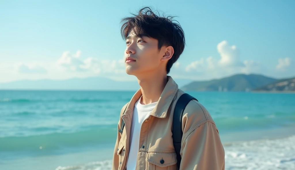 A Japanese male college student wearing stylish clothes looks into the distance with a bright expression.,Excited, Photo of your face, With a beautiful sea as a background, with a natural look, With a slightly tired look, tilt your face a little, Diagonal orientation, Average face