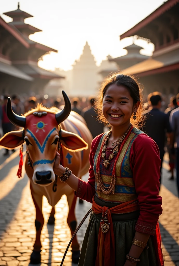 Gai jatra festival/ Nepal / hyper realistic/golden hour/ cow/ kathmandu darbar square 