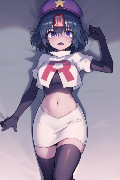 best quality, (masterpiece:1.2), illustration, absurdres,
(1girl), (solo), (beautiful detailed girl),
Miyako Yoshika, (blue skin, purple skin:1.1), dark blue hair, purple eyes, medium breasts, zombie, jiangshi, undead
blue hat with a yellow star, ofuda on forehead, fangs, looking at viewer,
team rocket,team rocket uniform,white skirt,red letter R,crop top,black thigh-highs,black elbow gloves
