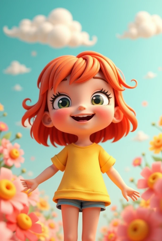 smiling redhead with bangs, cute 3d cartoon style