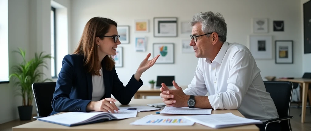 Two employees talk to each other and have different opinions in the company.