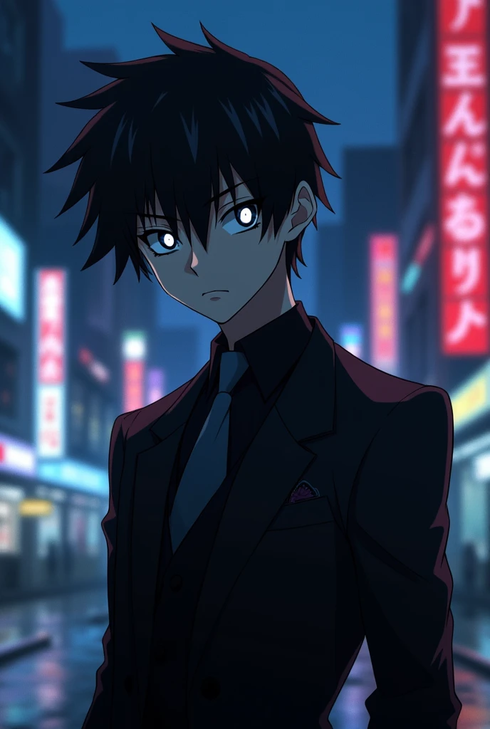 An anime man, black hair, cold white eyes, half body,