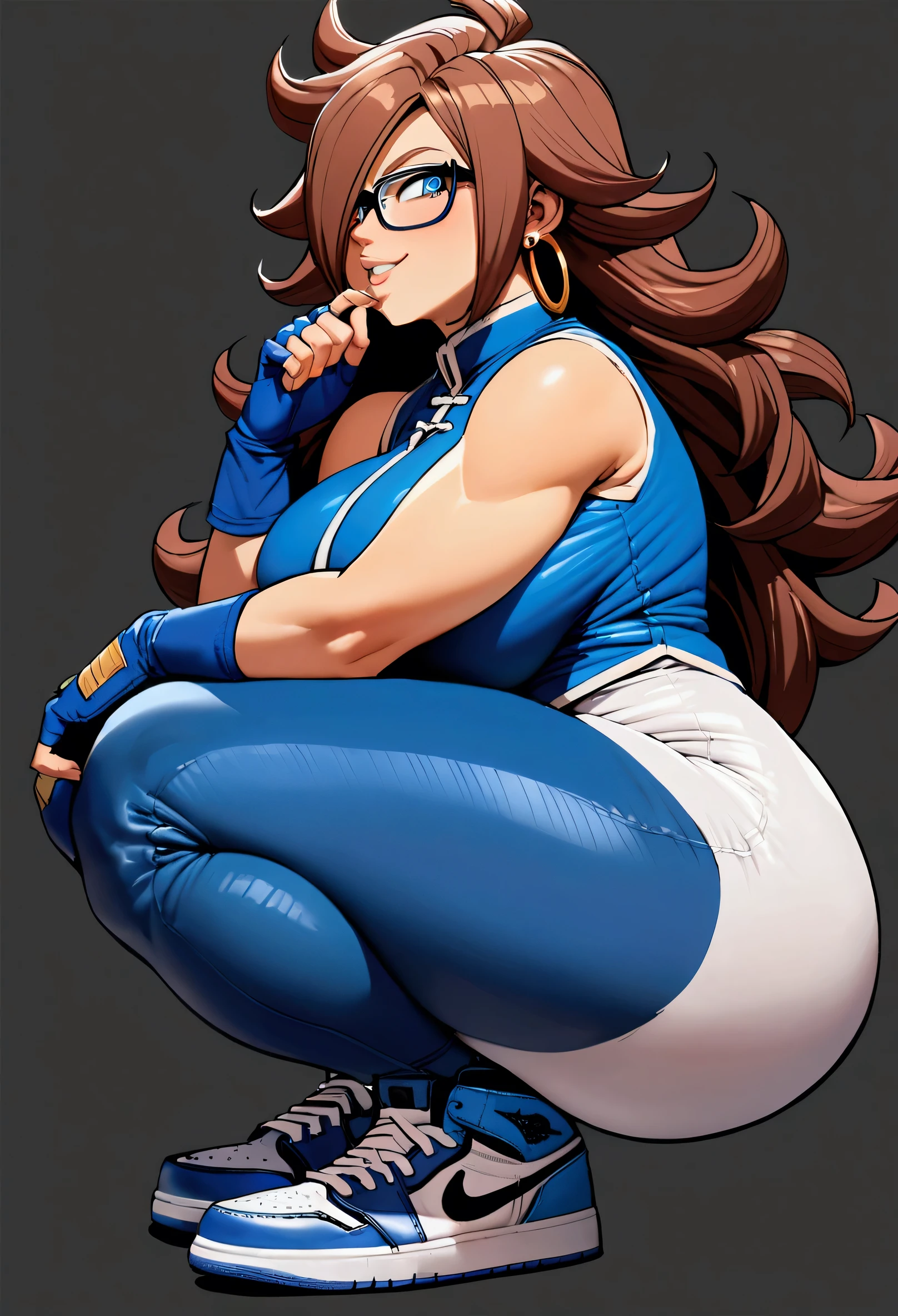 Android 21 from dragonball brown hair, long hair, curly hair, blue eyes, hoop earrings, wide hips, big ass, glasses, blue budysuit,blue vest, sleeveless, unitard, Chinese clothing, blue jordan1s, alone, curvy, bubble butt, solo focus, solo female, squashing thighs, fingerless gloves, long pants, fully clothed, no background, cocky grin, perfect eyes, squatting, giant thighs, chubby, hair covering one eye,