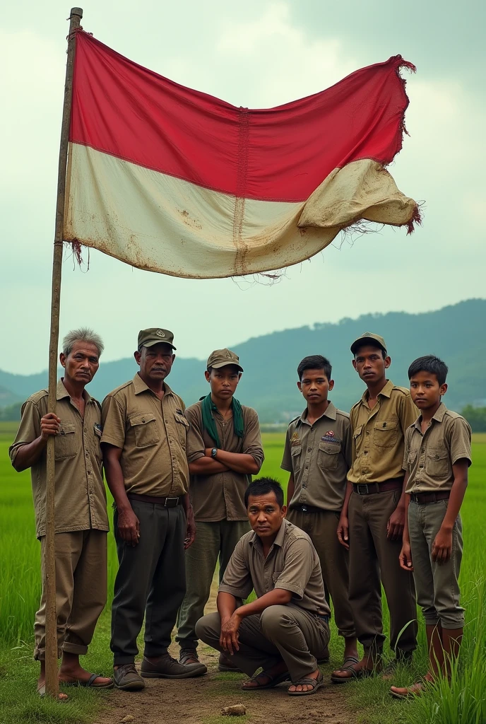 The sad nuances of a group of people, farmer, officer, laborer, Study, students and children in a country and there is a tattered Indonesian flag