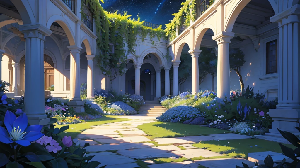 4k ultra high definition, a large courtyard garden located in space, with a white tree with blue leaves in the center of it with glowing fruits, many types of shrubs, bushes, flower patches, they sky is outer space, stars vivid bright beautiful, lush anime style