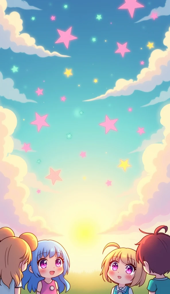 large amount of star-shaped objects of various colors, floating in the sky, chibi characters gazing at them, anime manga illustration cartoon style