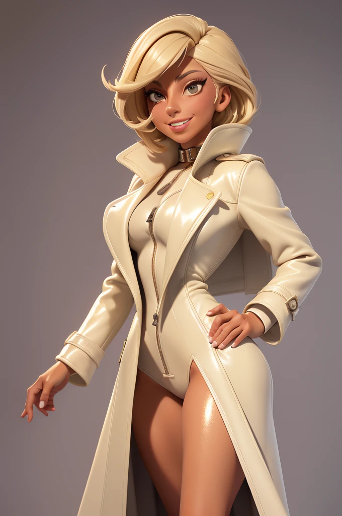 obra prima, melhor qualidade, ((only one woman,)) ((lady gaga, dark tan skin, short straight hair, mouth open smile, ecstasy expression,)) (((wearing shiny cream leather long overcoat,))) ((overcoat has padded shoulders, overcoat has stiff high collar,)) (((overcoat is closed and tightly zipped from bottom to top,))) wearing louboutin heels, body is very skinny, ((standing up,)) ((camera side view of upper body,)) shallow depth of field, highres, HD, 8k, anatomically correct