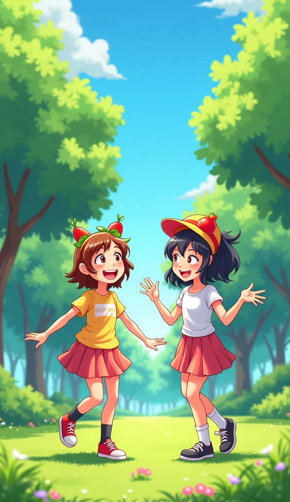 An illustration of two friends laughing together while one is doing something quirky, like wearing mismatched socks and a hat made of fruit. Full body , in the Lush green park. 4k