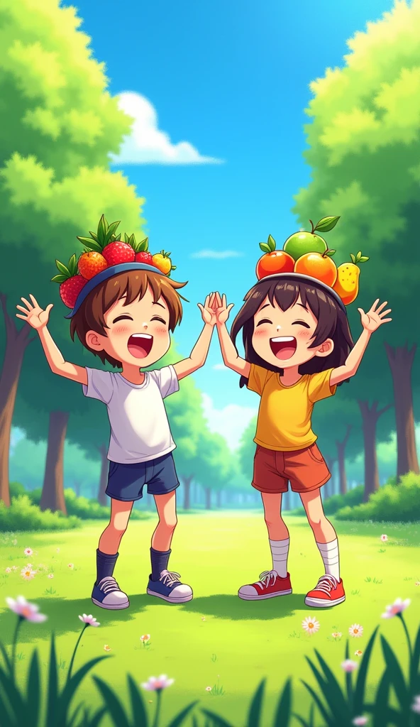 An illustration of two friends laughing together while one is doing something quirky, like wearing mismatched socks and a hat made of fruit. Full body , in the Lush green park. 4k