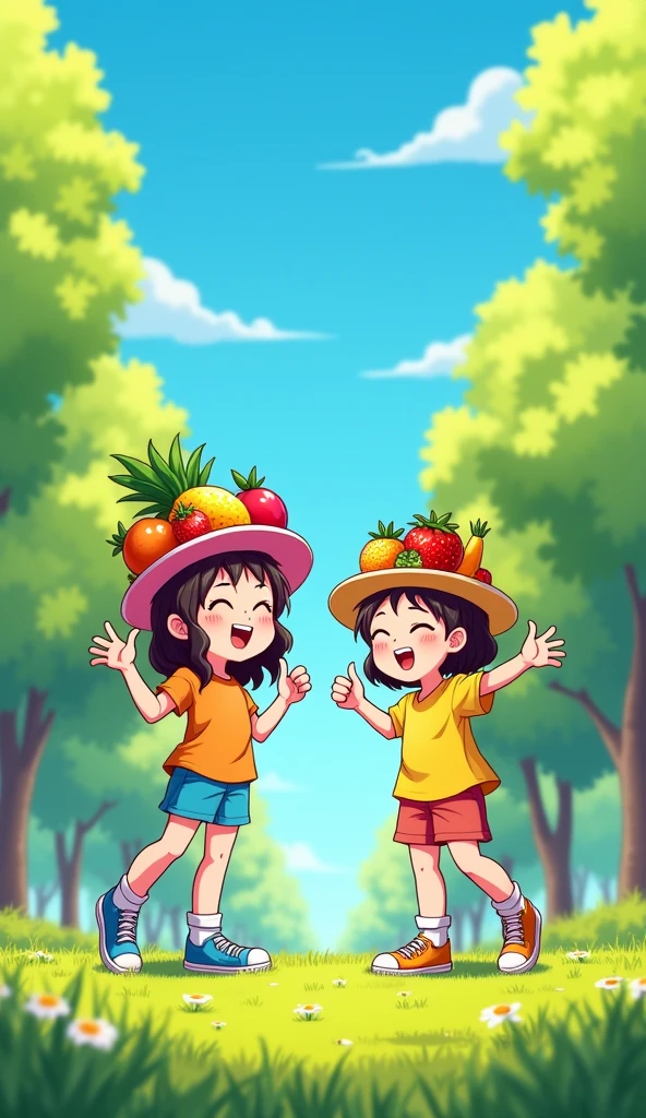 An illustration of two friends laughing together while one is doing something quirky, like wearing mismatched socks and a hat made of fruit. Full body , in the Lush green park. 4k