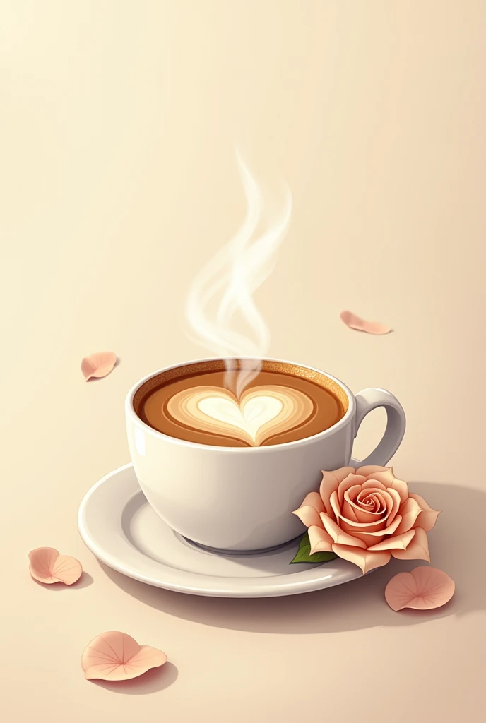 a cup of coffee with a heart on top and a rose in 2d cream colors