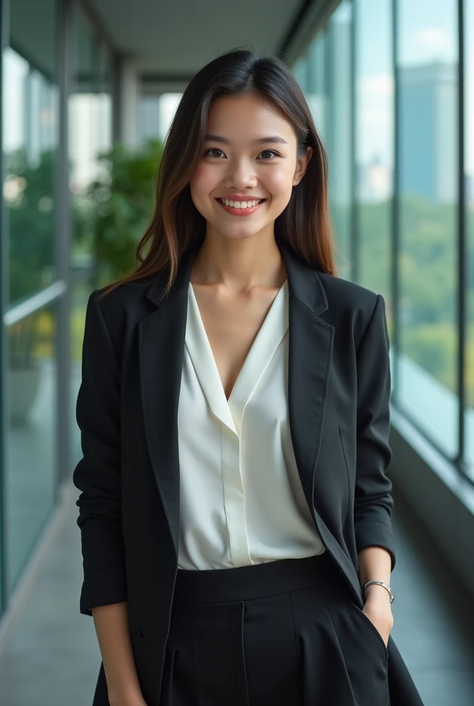 (photorealism:1.2), natural filipina teen with executive attire and smiling