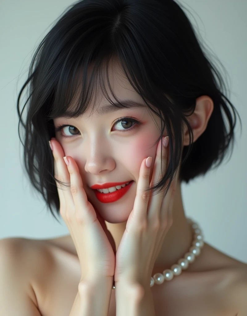 (RAW photo, best quality, masterpiece: 1.2), (photorealistic: 1.4), (Polish girl, 20 years old, black hair, Light grey eyes, short bob cut, hair in 7 thirds, hair over one ear, Symmetrical eyes, solo, Detailed Skin, rip gloss, blush:1.1), Bright red lips, slightly upturned face, large pearl necklace, wet hair, looking away, white background, close-up of face, nude, cinematic lighting, grin, covering face with hands