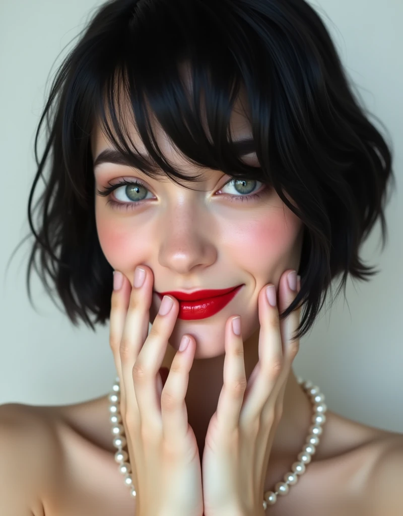 (RAW photo, best quality, masterpiece: 1.2), (photorealistic: 1.4), (Polish girl, 20 years old, black hair, Light grey eyes, short bob cut, hair in 7 thirds, hair over one ear, Symmetrical eyes, solo, Detailed Skin, rip gloss, blush:1.1), Bright red lips, slightly upturned face, large pearl necklace, wet hair, looking away, white background, close-up of face, nude, cinematic lighting, grin, covering face with hands