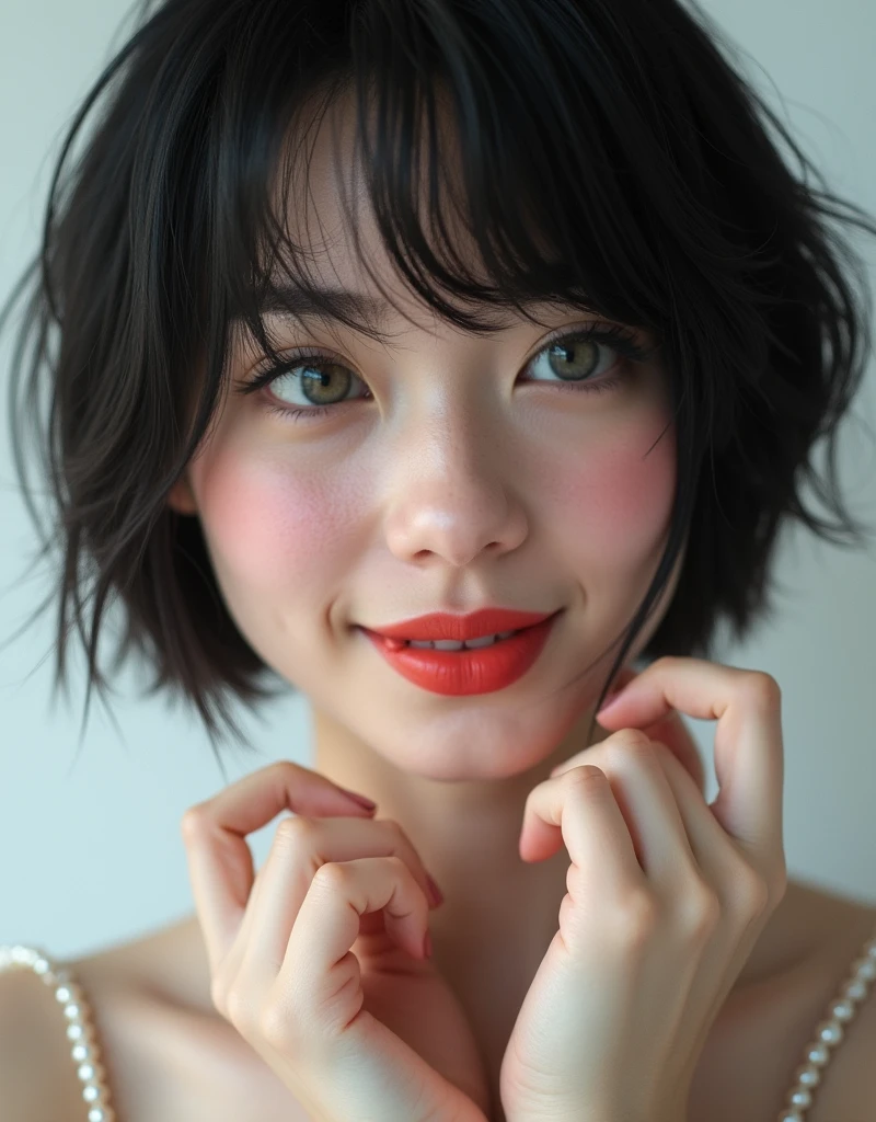 (RAW photo, best quality, masterpiece: 1.2), (photorealistic: 1.4), (Polish girl, 20 years old, black hair, Light grey eyes, short bob cut, hair in 7 thirds, hair over one ear, Symmetrical eyes, solo, Detailed Skin, rip gloss, blush:1.1), Bright red lips, slightly upturned face, large pearl necklace, wet hair, looking away, white background, close-up of face, nude, cinematic lighting, grin, covering face with hands