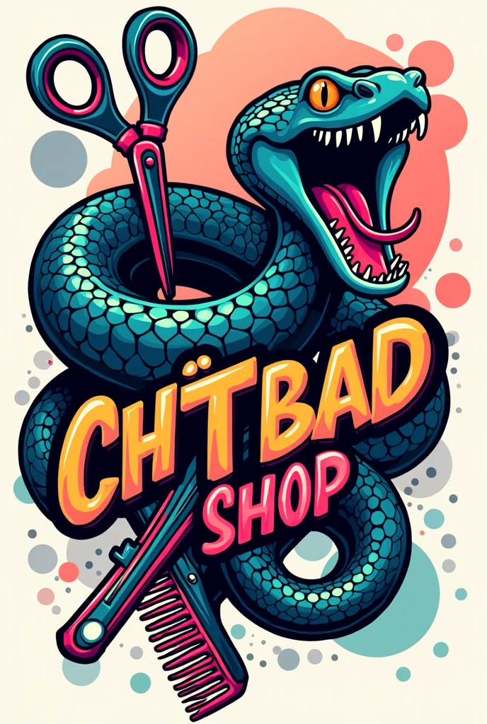 Horizontal rectangular logo image with the words CHẠTBADBED SHOP and an image of a snake with its mouth open,has scissors and comb in bright colors
