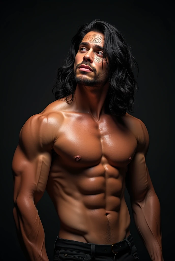 A muscular young man, detailed abs, highly detailed big pecs, exaggerated male anatomy, hypnotized expression, spirals in the eyes, anime style, 8k, hyper detailed, cinematic lighting, dramatic contrast, tanned skin, long black hair, big dick, all nudes, nothing cloths cover the body