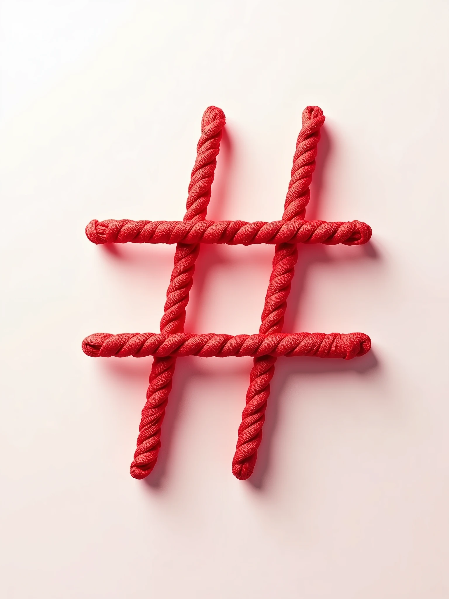 Visualize a high-definition image from a top perspective, showing the hashtag symbol. This symbol consists entirely of a bright red rope. The shape of the rope maintains the shape of the symbol, and each intersection and crossing point is carefully defined. The rope has clear borders and the rope is thin, clearly highlighting the segments of the symbol. The background is kept simple to enhance the visibility of the symbol.