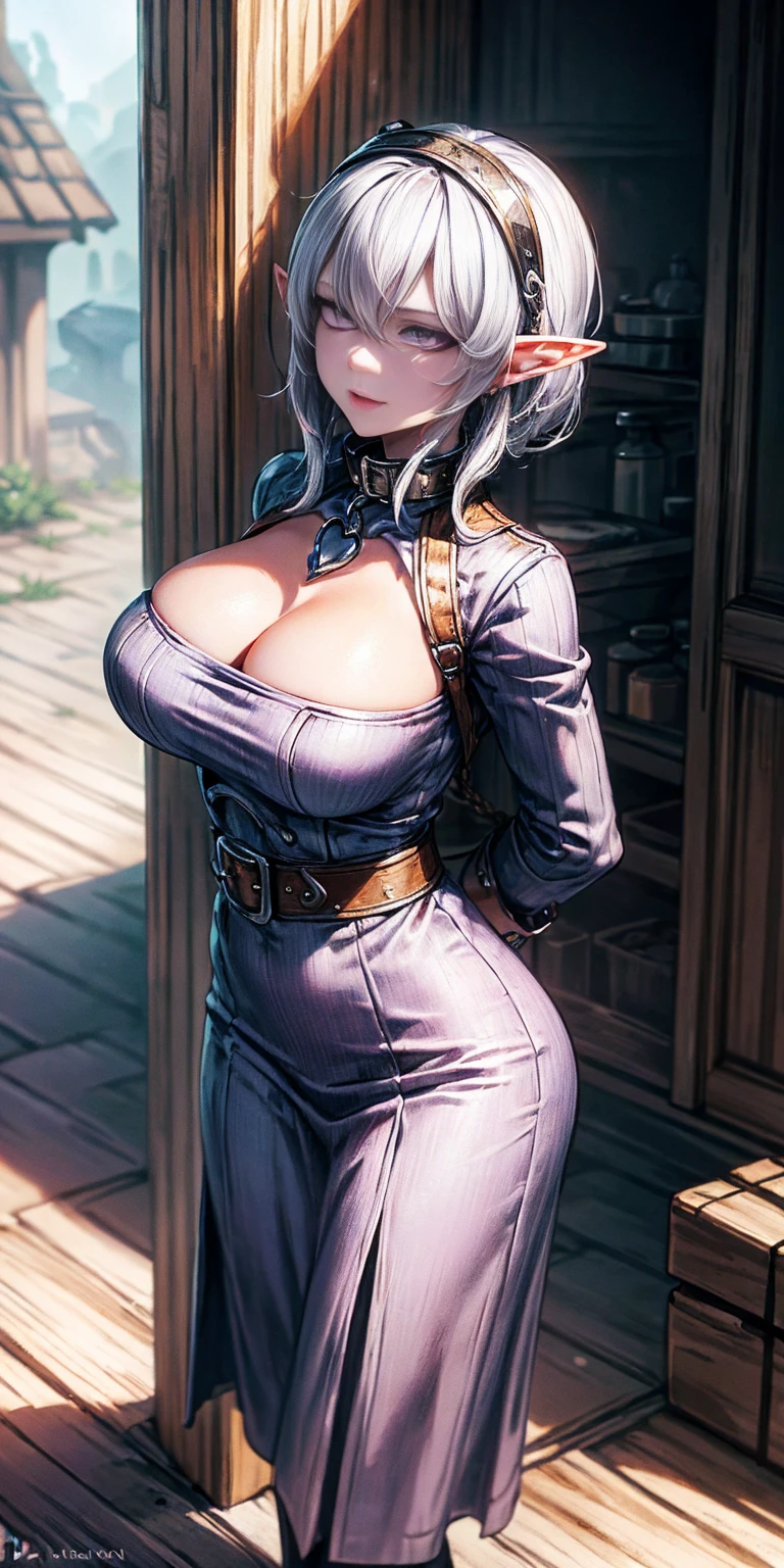 (Masterpiece, best quality, intricate details, 1sologirl) iron collar, arms behind back, iron cuffs, shackles, bound ((standing by wooden pole:1.2)) looking from above happy closed mouth, (Female drow elf chest covered very purple skin)(smile) pale golden hair and violet eyes. They prefer clothing of white and silver with cloaks of deep blue or purple, village background, huge knockers, ((very precise detailed)), ((high res)