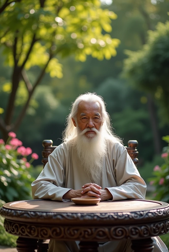 The feng shui master is an Asian man with a kind face, white hair, and sits looking straight ahead.  sitting at the tea table, behind the trees and charming scenery,