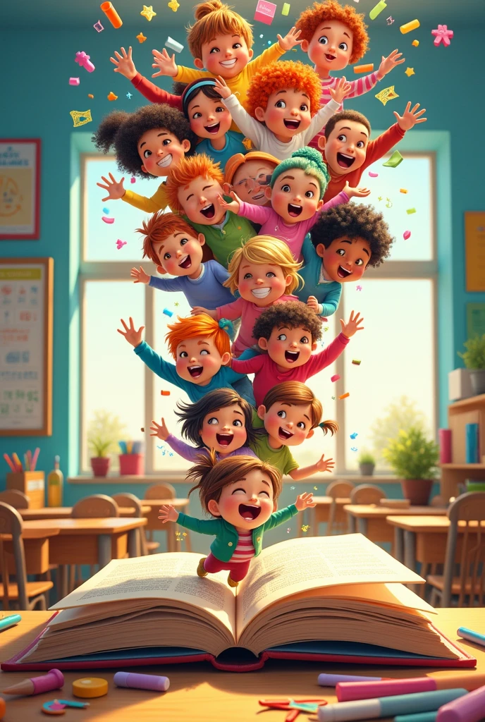 Cover of the subject: socio-educational diagnosis. Children coming out of a book in a classroom.